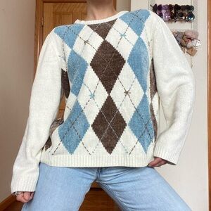 Vintage Argyle Patterned Sweater - Blue, Brown, and White